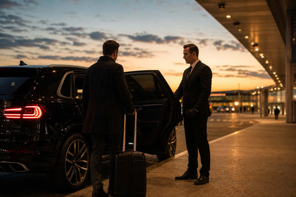 Black luxury SUV and chauffeur at an airport terminal curb at dusk — Chicago airport car service
