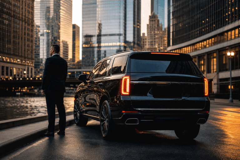 Black luxury SUV on a downtown Chicago street at dusk with the skyline — Maven's Choice limousine service
