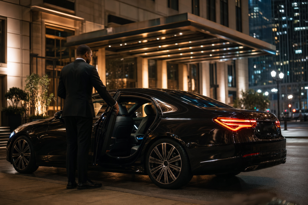 Chauffeur holding the door of a black sedan at a downtown Chicago hotel — Maven's Choice chauffeur service