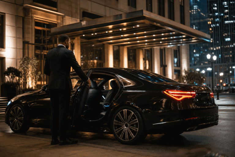 Chauffeur holding the door of a black sedan at a downtown Chicago hotel — Maven's Choice chauffeur service
