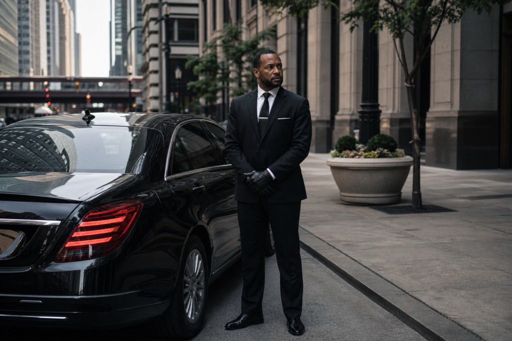 Professional chauffeur in a dark suit waiting beside a black luxury sedan on a downtown Chicago street — Maven's Choice hourly chauffeur service