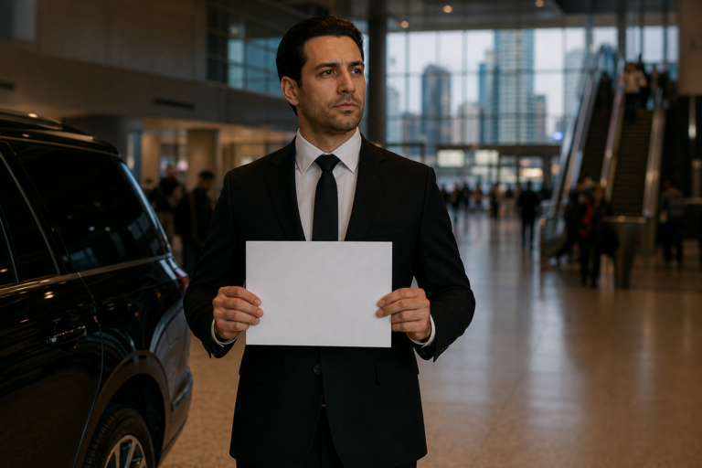 Chauffeur holding a name sign at airport arrivals — Maven's Choice meet-and-greet, Chicago