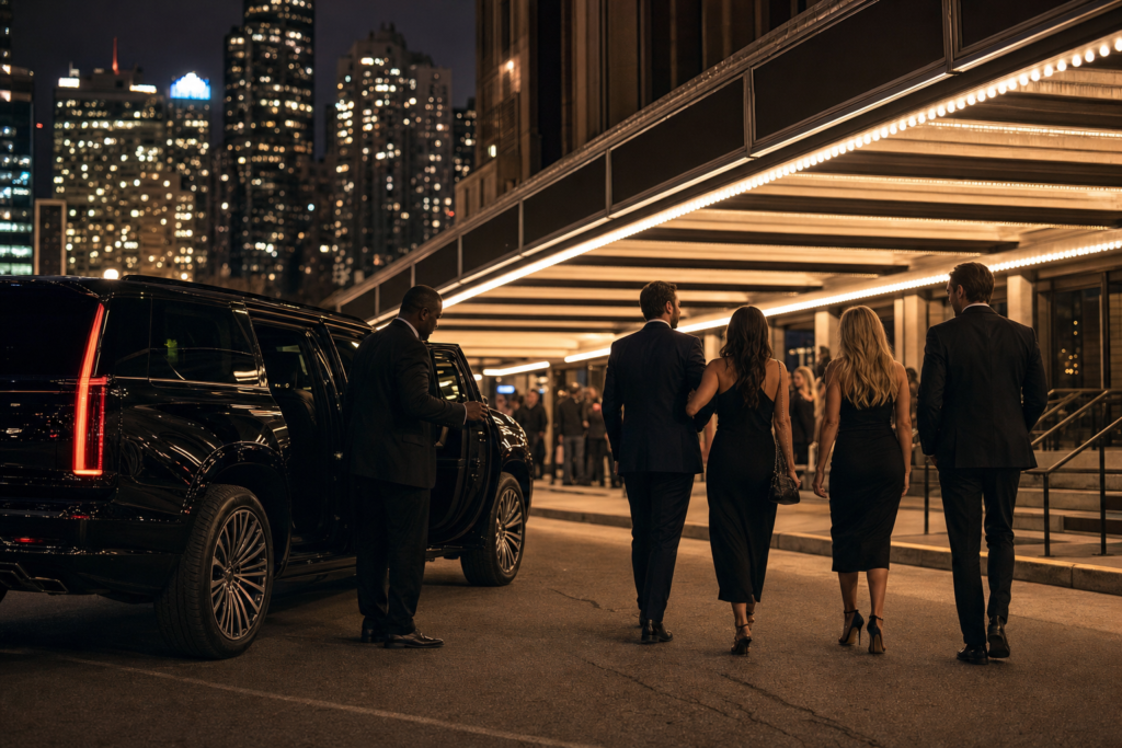 Group arriving by luxury SUV at a Chicago concert venue at night — Maven's Choice concert transportation