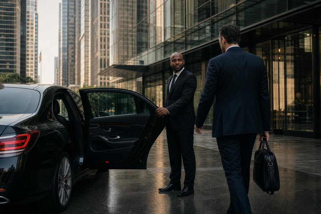 Chauffeur in a dark suit holding the rear door of a black luxury sedan open for an executive outside a downtown Chicago office tower