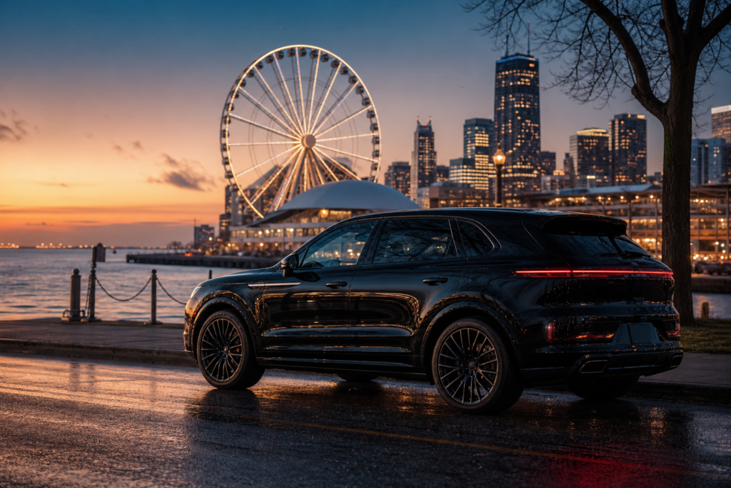Black luxury SUV at the Navy Pier lakefront at dusk with the Centennial Wheel — Maven's Choice car and limo service