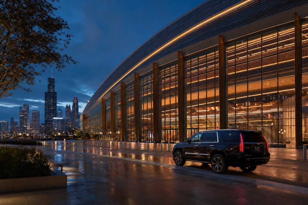 Black luxury SUV waiting at the curb outside a Chicago arena at night — United Center car service by Maven's Choice