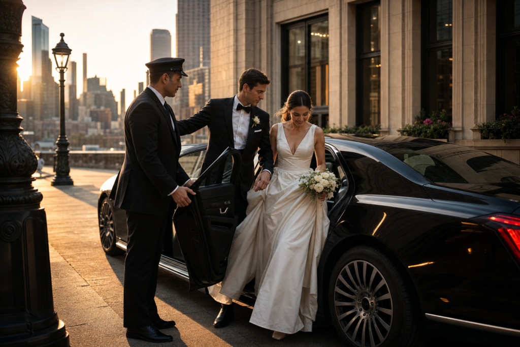 Bride and groom stepping out of a black luxury car at a Chicago wedding venue at golden hour — Maven's Choice wedding transportation