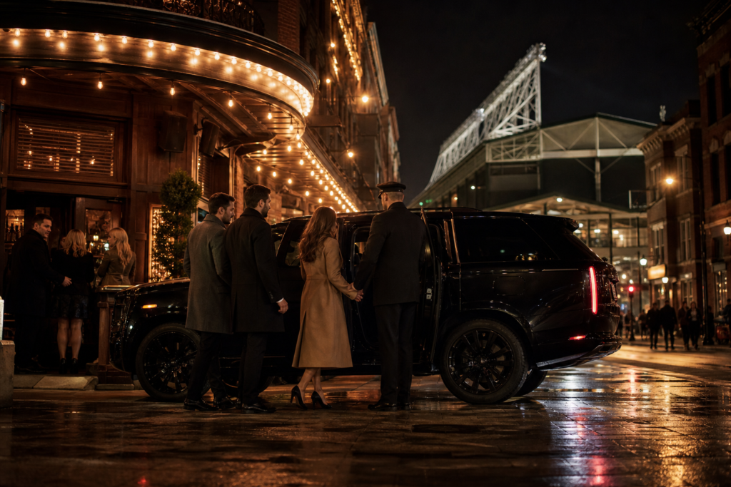 Black luxury SUV and chauffeur on a Wrigleyville bar street at night — Maven's Choice Wrigley Field car service